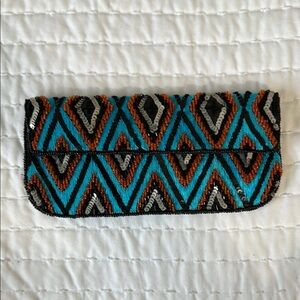 Geometric Patterned Clutch - Blue, Orange, Black